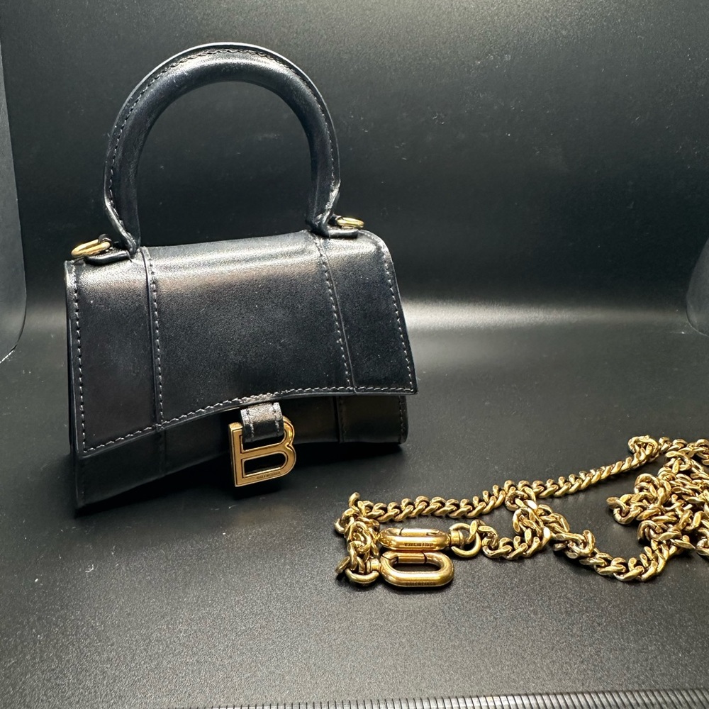 Balencagia Shiny Box Calfskin Hourglass Top Handle Bag Mini Black